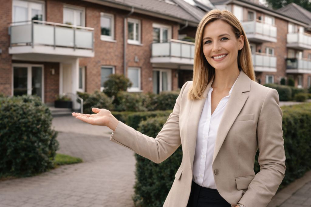 Frau vor einem Mehrfamilienhaus